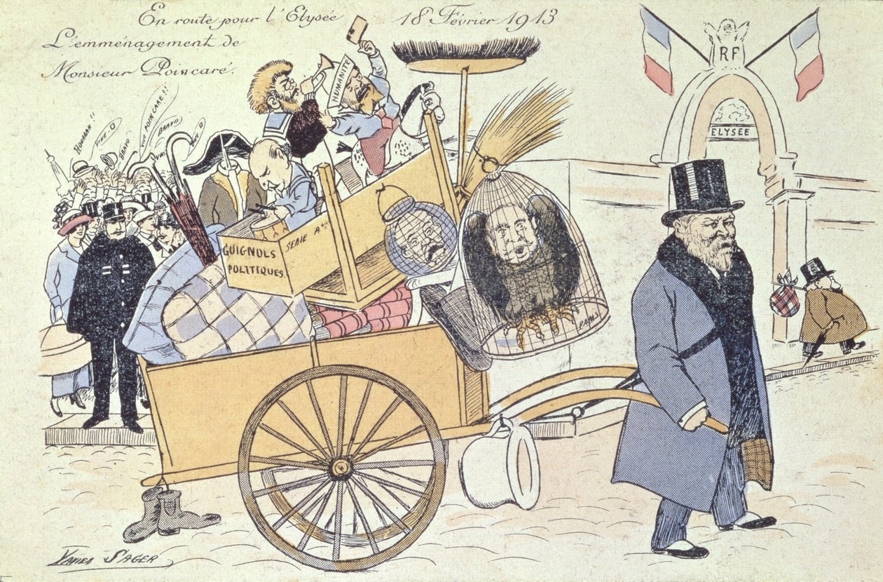 Caricatura de Raymond Poincaré (1860-1934) mudando-se para o Palácio do Eliseu, em fevereiro de 1913 de Xavier Sager