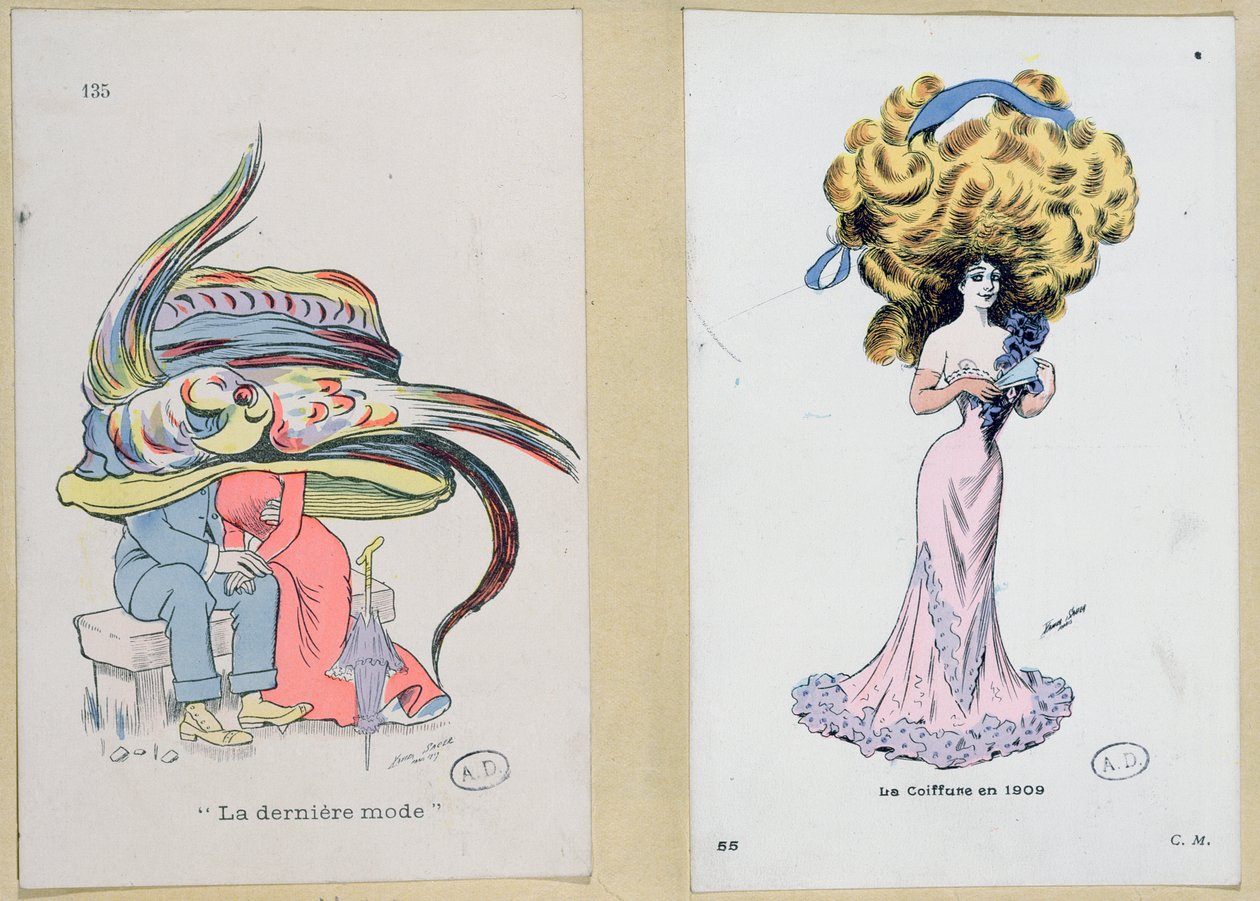 &39;La Derniere Mode&39;, moda placas caricaturando estilos de cabelo e chapéu, 1909 de Xavier Sager