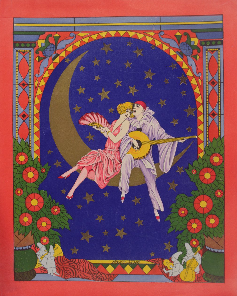 Pierrot e Columbine (cromolitho) de Xavier Sager