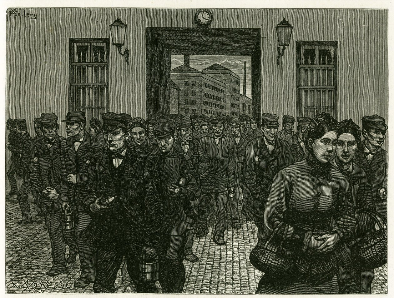 Uma saída de fábrica em Ghent. Gravura de X. Mellery, depois da natureza, para ilustrar a história "Bélgica", em 1888, de Camille Lemonnier (1844-1913), crítico de arte e escritor. Publicado no Tour du monde, 2º semestre de 1883, editado por Edouard Charto de Xavier Mellery