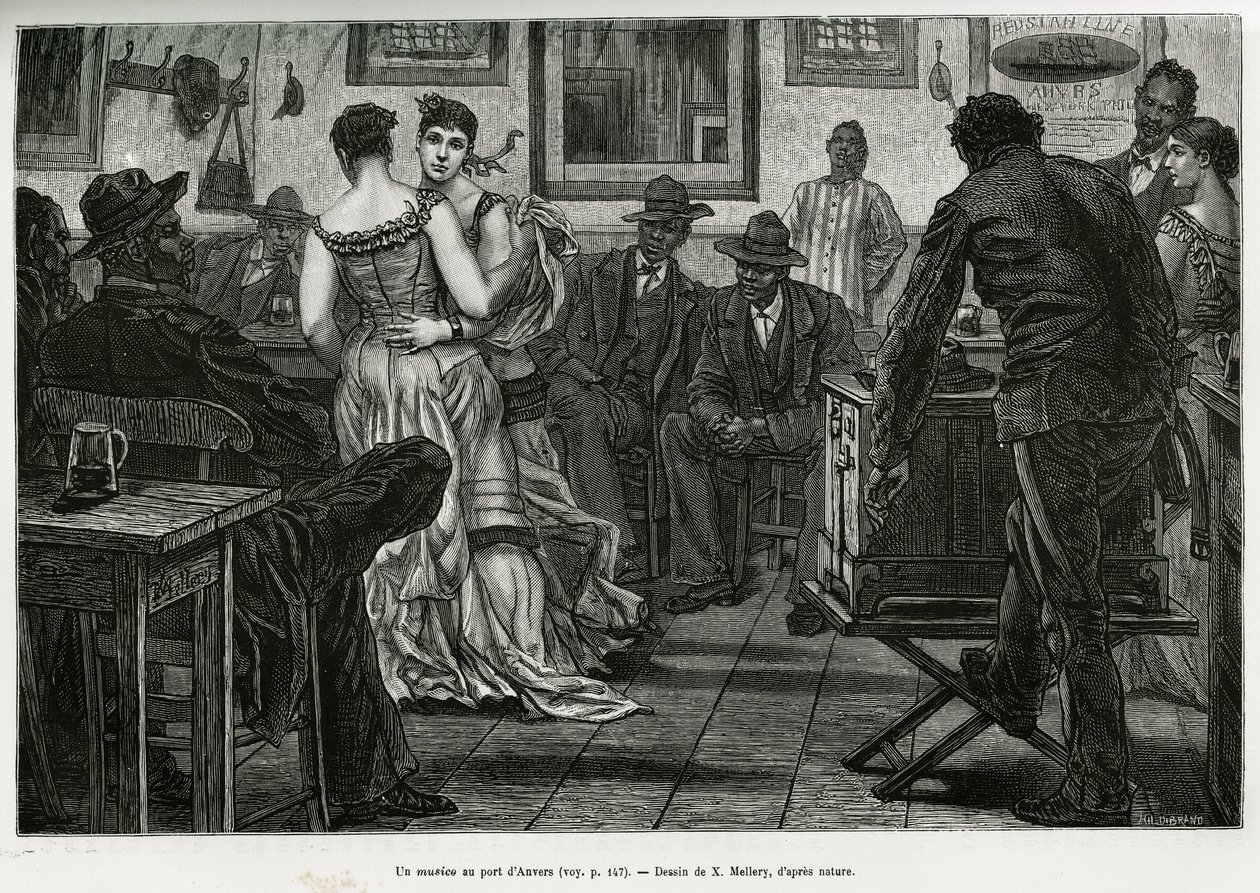 Um músico no porto de Antuérpia, onde os marinheiros podem beber e dançar ao som do órgão de picaretas. Gravura de X.Mellery, para ilustrar a história da Bélgica, de Camille Lemonnier, publicada no Tour du monde, editado por Edouard Charton (1807-1890) de Xavier Mellery