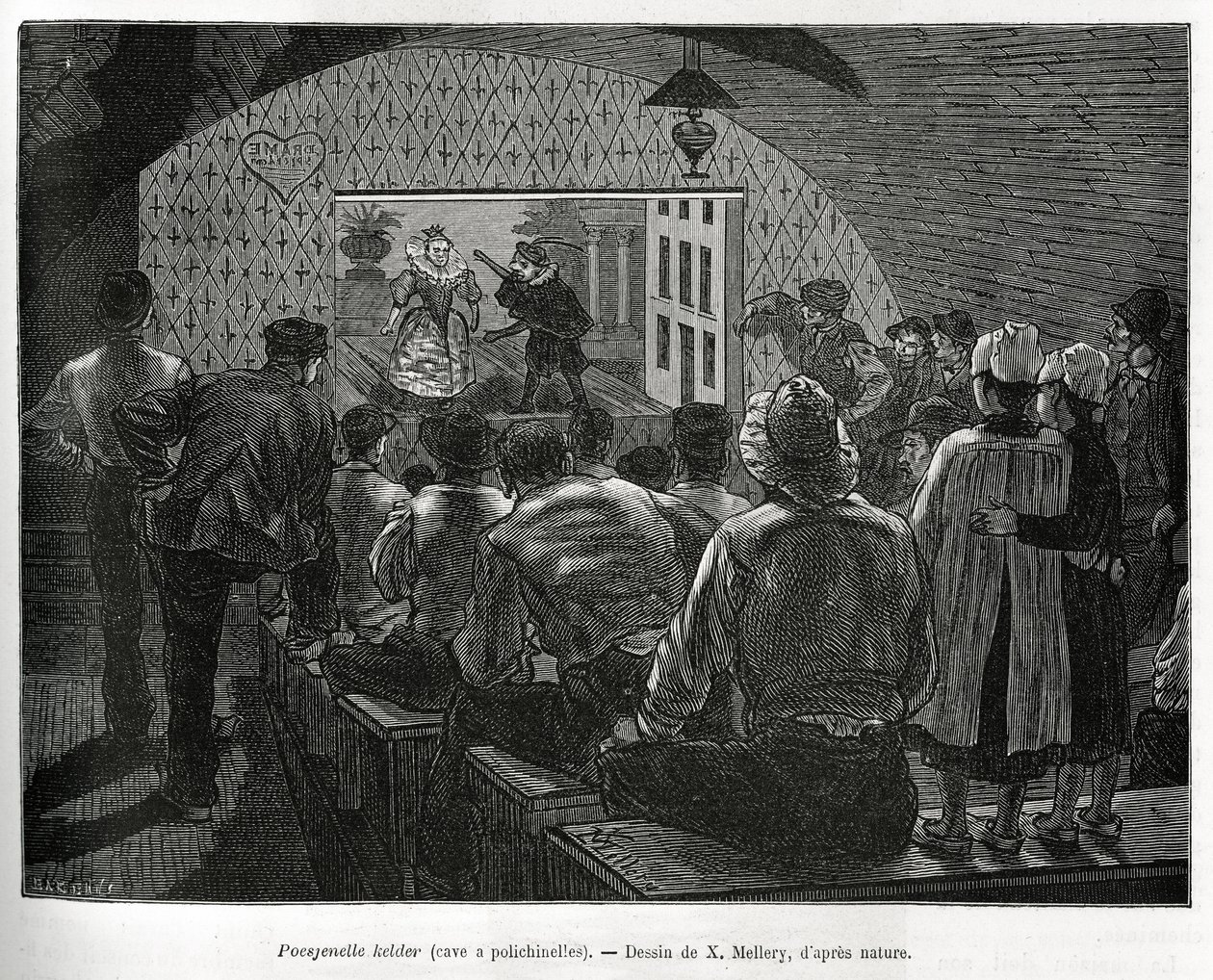 Adega a Polichinelles, uma adega concebida para espectáculos de marionetas. Gravura de X.Mellery, para ilustrar a história da Bélgica, de Camille Lemonnier, publicada no Tour du monde, editado por Edouard Charton (1807-1890) de Xavier Mellery