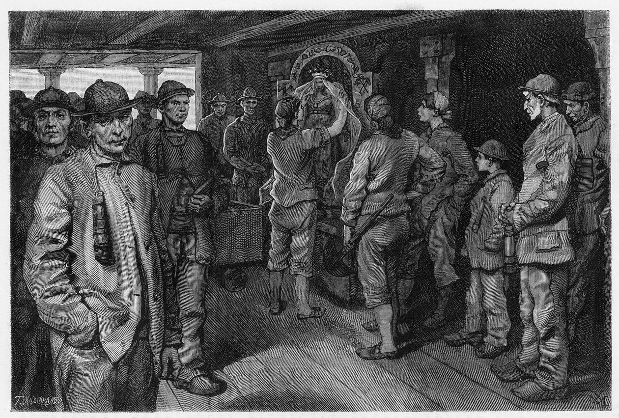 Charbonniere representando a estátua de São Barbe, santo padroeiro dos mineiros e bombeiros, na feira anual em sua homenagem. Gravura de X.Mellery, para ilustrar a história "Bélgica", de Camille Lemonnier (1844-1913) escritor belga. Publicado em Le Tour de Xavier Mellery