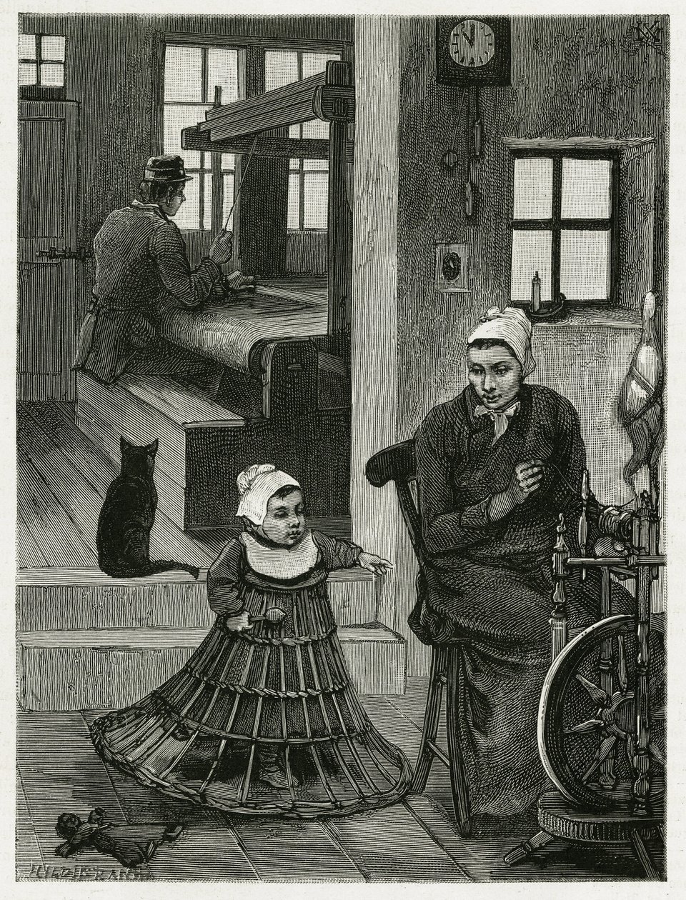 Interior da habitação e oficina do tecelão, com o tecelão e a roda, assim como uma criança com uma saia de vime que o ajuda a dar os primeiros passos. Gravura de X.Mellery, para ilustrar a história "La Belgique", de Camille Lemonnier (1844-19 de Xavier Mellery