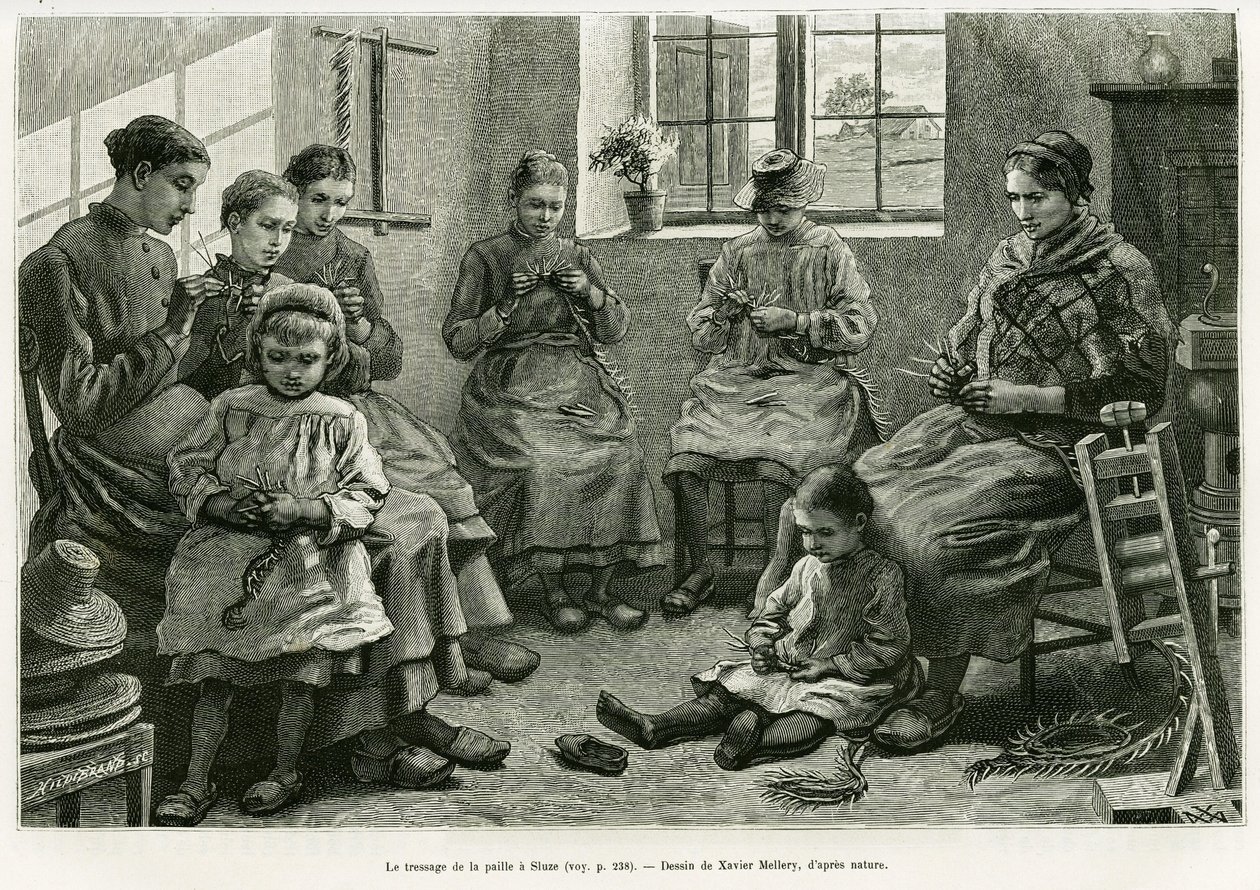 A trança de palha tem Eclusa. Gravura de Xavier Mellery para ilustrar a história La Belgique, de Camille Lemonnier, em le tour du monde 1886, dirigida por Edouard Charton (1807-1890), Hachette, Paris. de Xavier Mellery