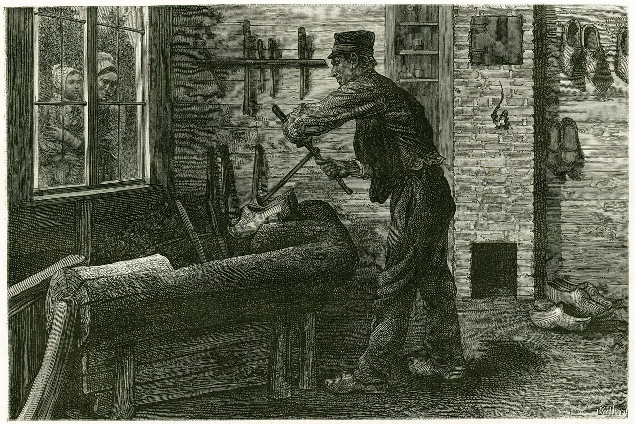 O sabotador de Terneuzen, tem o seu estabelecido, amplia e escava a madeira por meio de amontoados. Gravado por X.Mellery, depois da natureza, para ilustrar a história "Bélgica", em 1888, por Camille Lemonnier (1844-1913), crítico de arte e escritor. Publi de Xavier Mellery