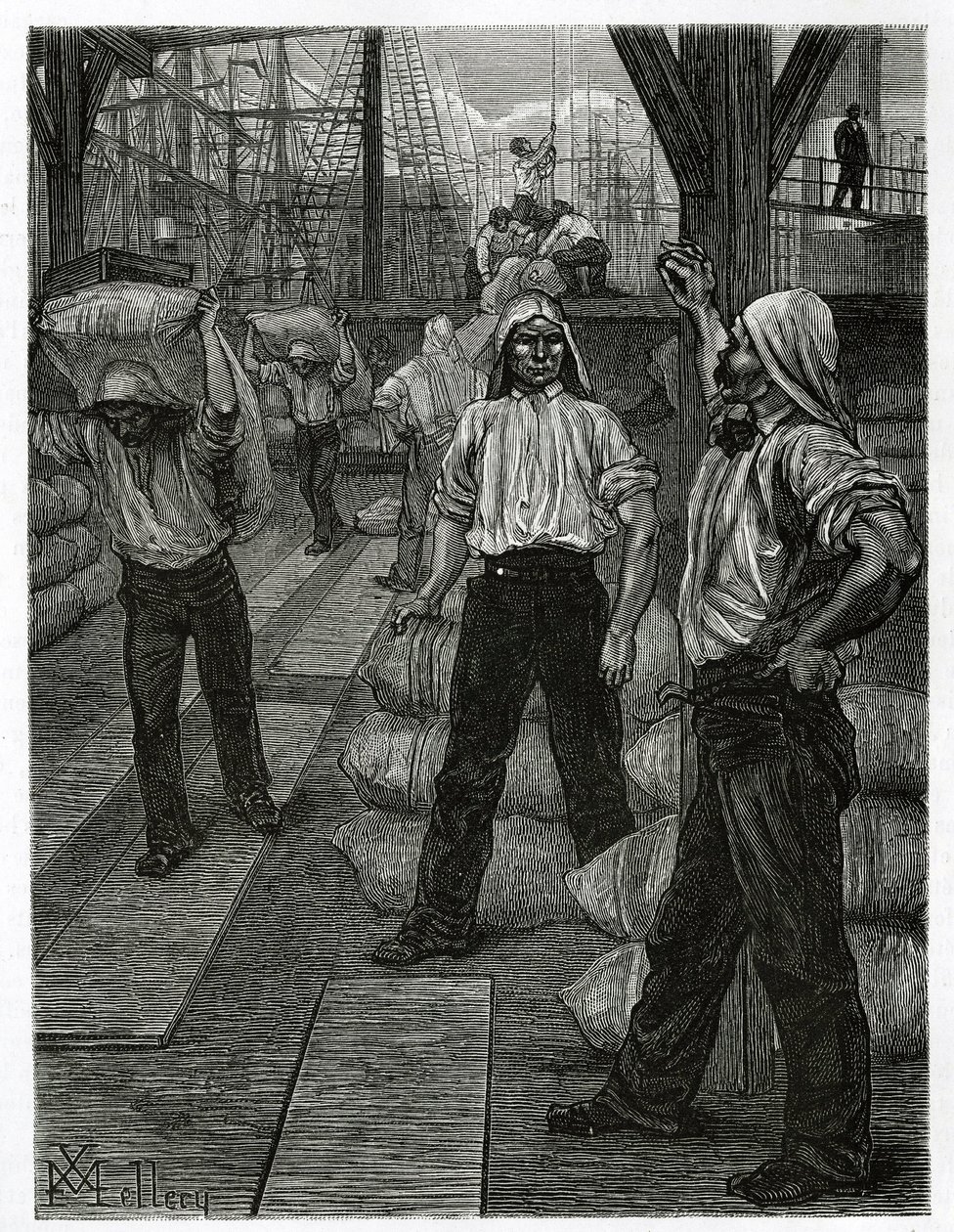 A descarga de um navio, os estivadores com a cabeça coberta com uma tampa de alcatrão, empilham a mercadoria nas docas do porto de Antuérpia. Gravura de X.Mellery, para ilustrar a história da Bélgica, de Camille Lemonnier, publicada no Tour du monde, edita de Xavier Mellery
