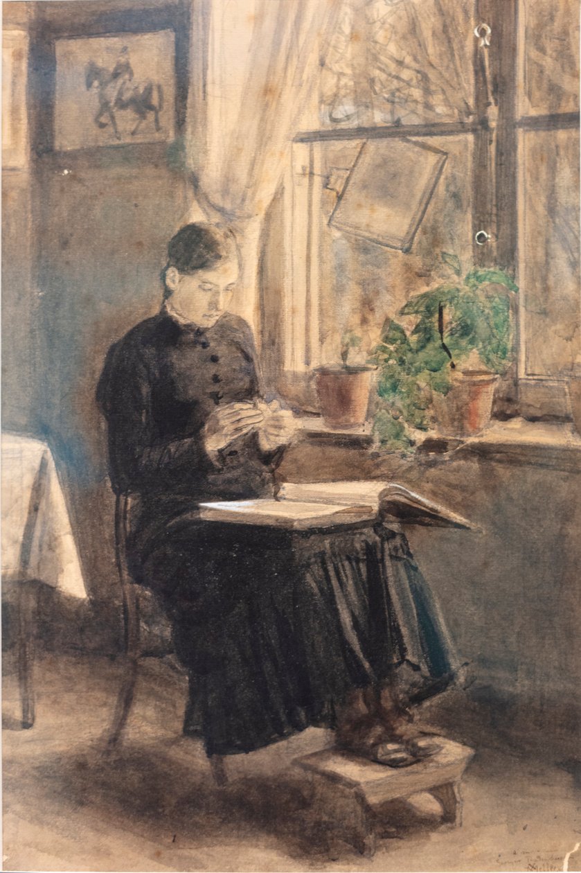 Mulher lacemaker (La Dentellière) (aguarela) de Xavier Mellery