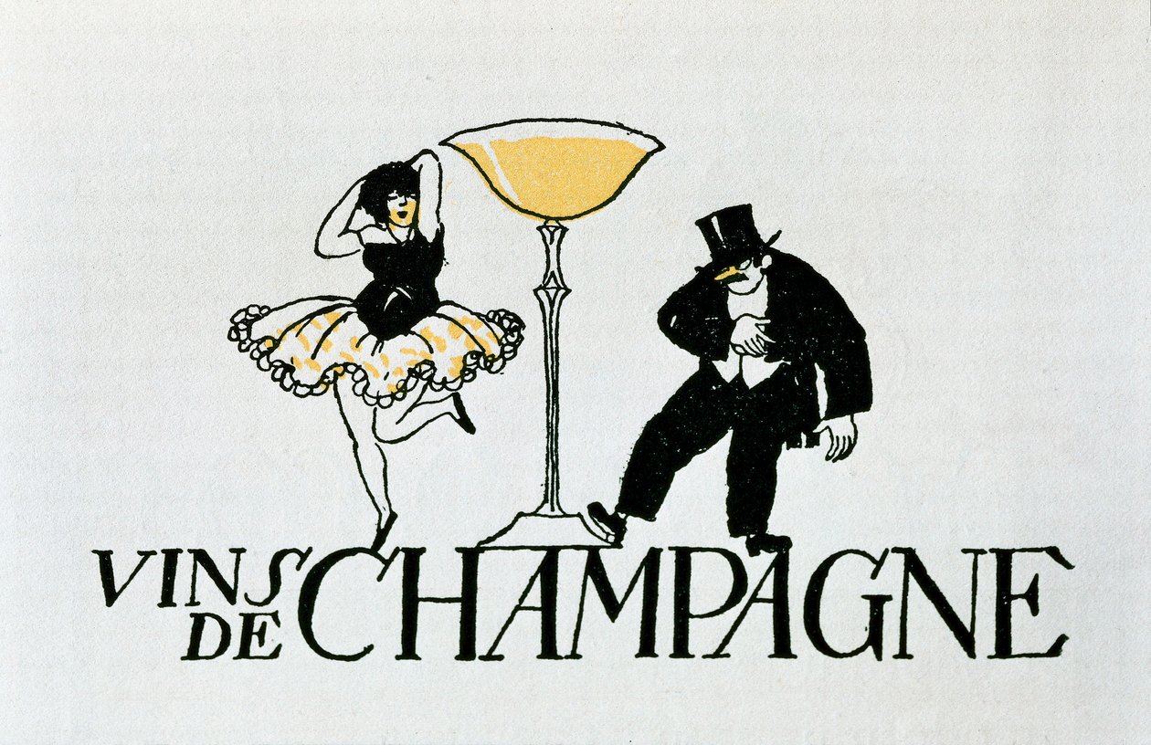 Vinheta publicitária para vinhos Champagne representando um casal a dançar à volta de uma chávena, século XX (cartaz) de Xavier Nogues