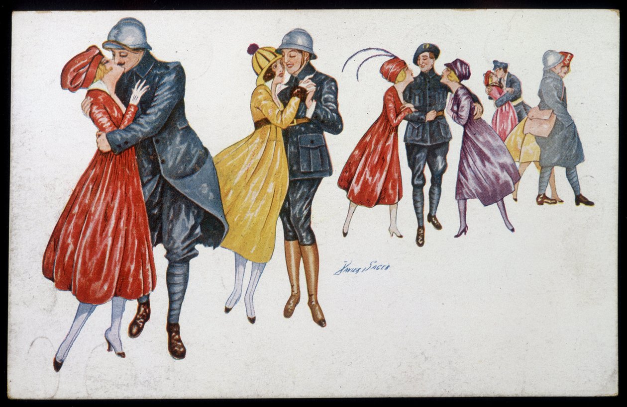 Militares e seus noivos, marainnes ou amigos - ilustração de Xavier Sager (1870-1930) cartão postal, v.1915 de Xavier Sager