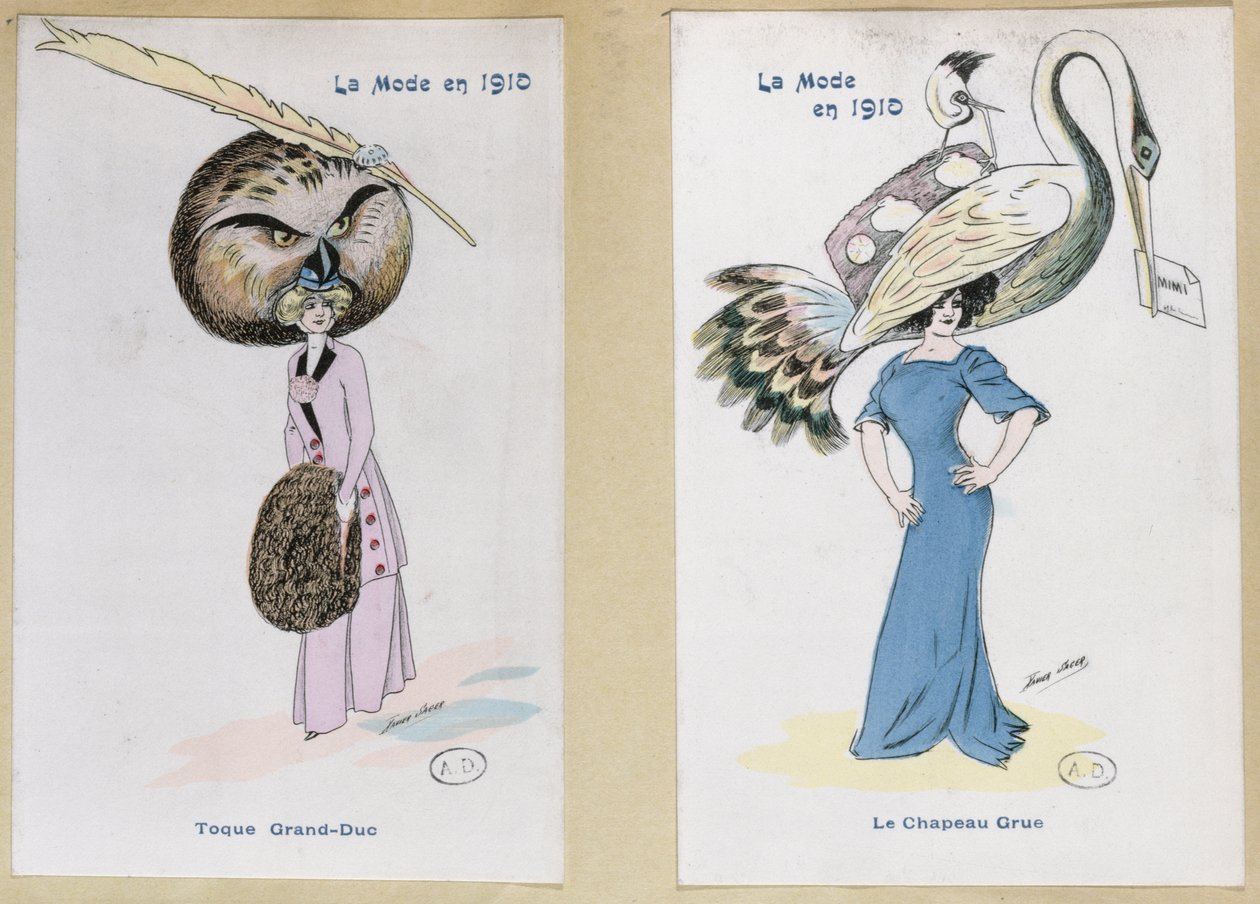 &39;O chapéu de pele de coruja de águia&39; e &39;The Crane Hat&39;, placas de moda dos desenhos animados, 1910 de Xavier Sager