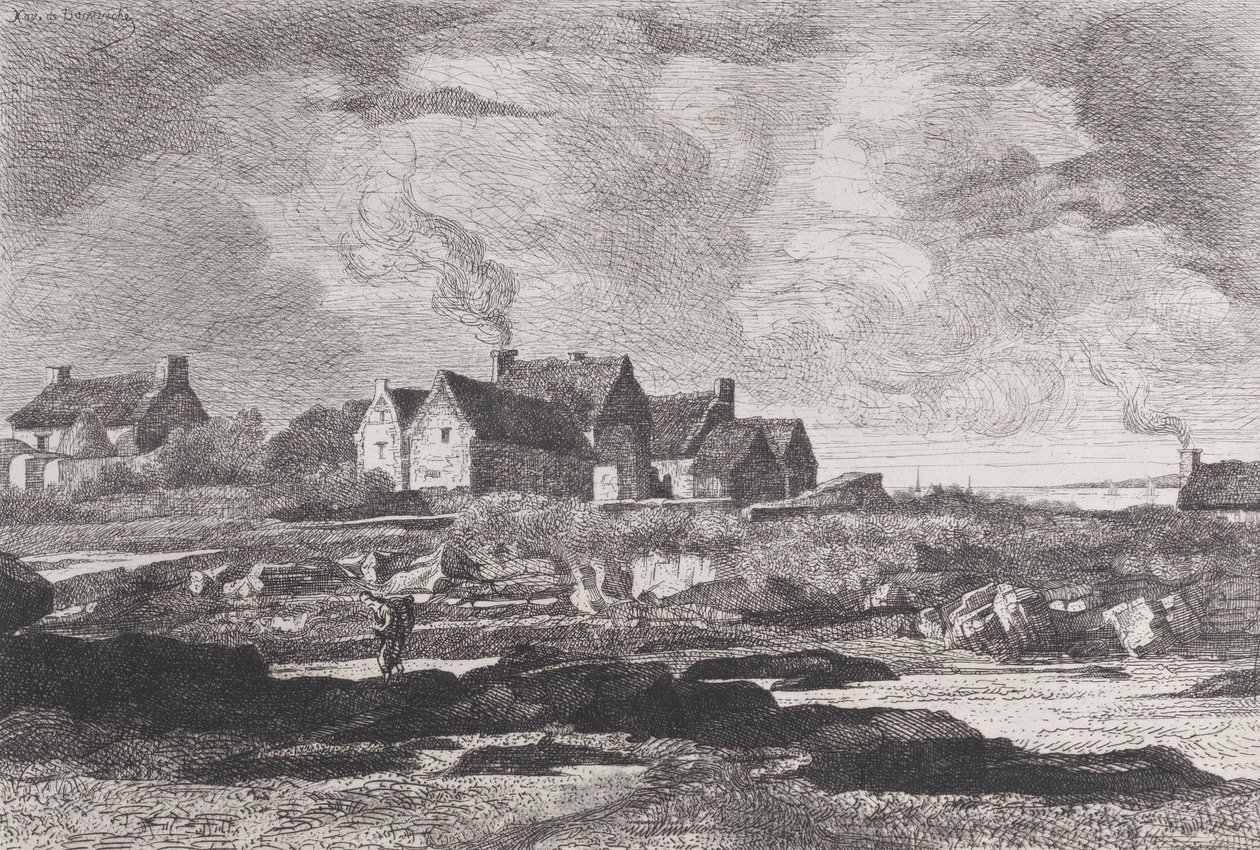Paisagem rural com um rio à direita e casas ao fundo, 1845-75. de Xavier de Dananche