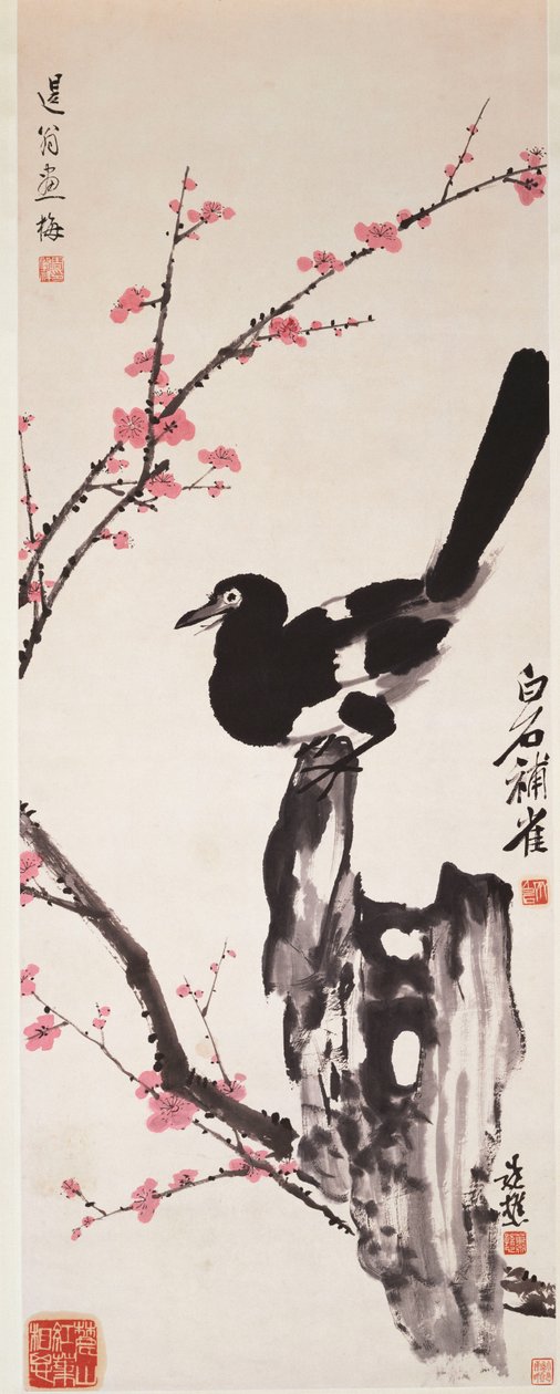 Flores de ameixoeira e pega (tinta e cor sobre papel) de Xiao Sun (1883 1944) Zhou Shaoxiang (1880 1954) Qi Baishi