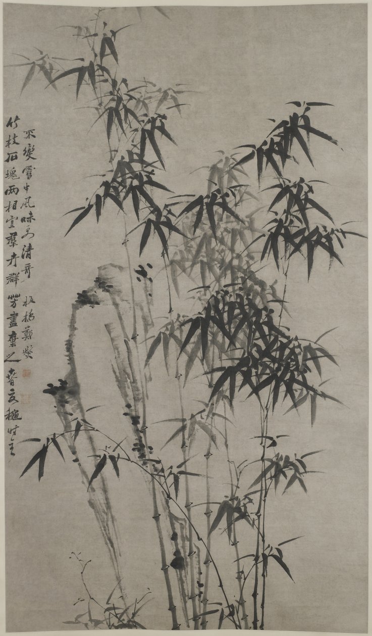 Bambu e rochas, c.1760 (tinta no papel) de Xie Zheng