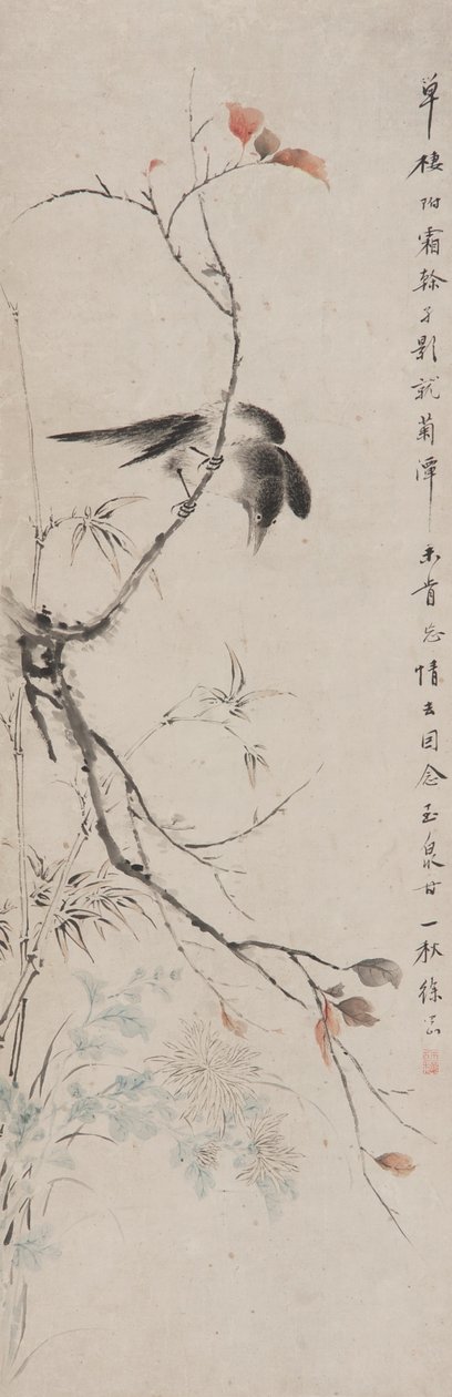 Pássaro em um ramo de outono, dinastia Qing (tinta e cor no papel) de Xu Gang