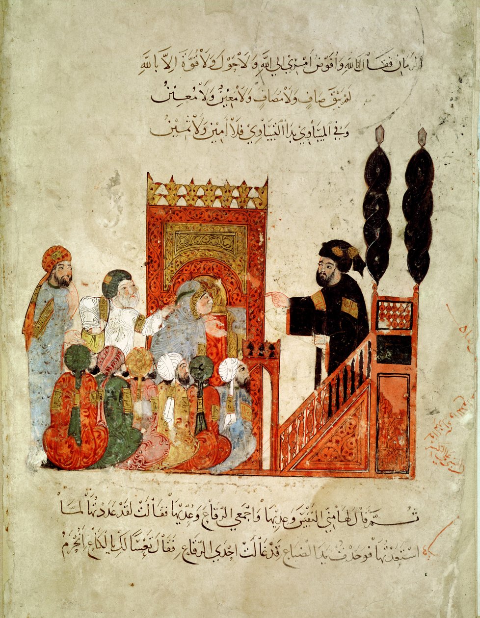 Sra. Ar 5847 f.18v, Abou Zayd pregando na Mesquita, de &39;Al Maqamat&39; (Os Encontros) de Al-Hariri, c.1240 (guache sobre velino) de Yahya ibn Mahmud Al Wasiti