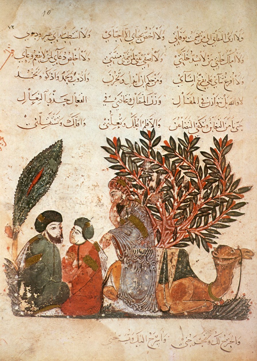 Sra. Ar 5847 f.10, A caravana parando: Al-Harith (al-Hariri) ouvindo a conversão entre e o homem e seu filho, de Al Maqamat por Al-Hariri, c.1240 (guache sobre velino) de Yahya ibn Mahmud Al Wasiti