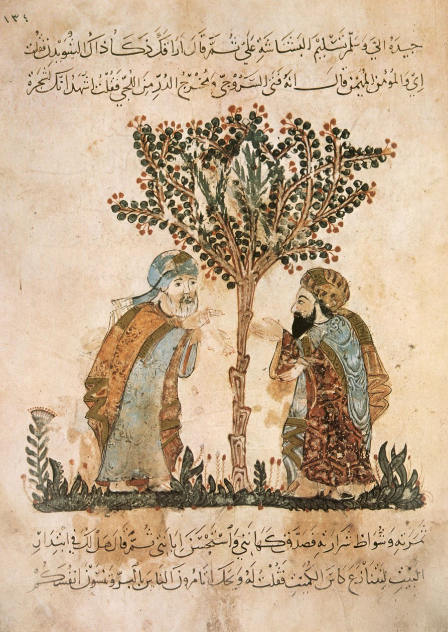 Sra. Ar 5847 f.121, Abou Zayd falando com Al-Harith, de Al Maqamat por Al Hariri, c.1240 (guache sobre velino) de Yahya ibn Mahmud Al Wasiti