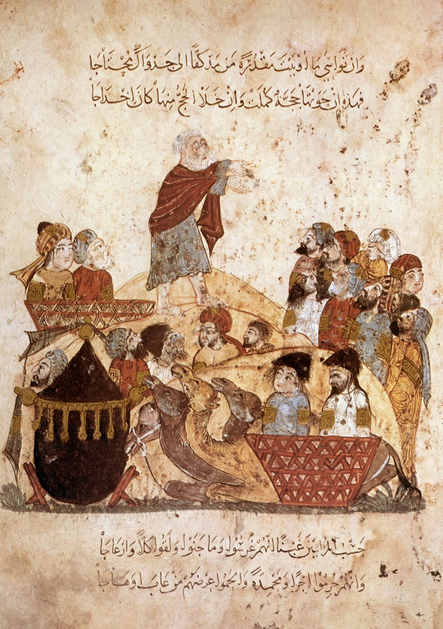 Sra. Ar 5847 f.29, Abou Zayd pregando para uma caravana de peregrinos, de Maqamat por Al Hariri, c.1240 (guache sobre velino) de Yahya ibn Mahmud Al Wasiti