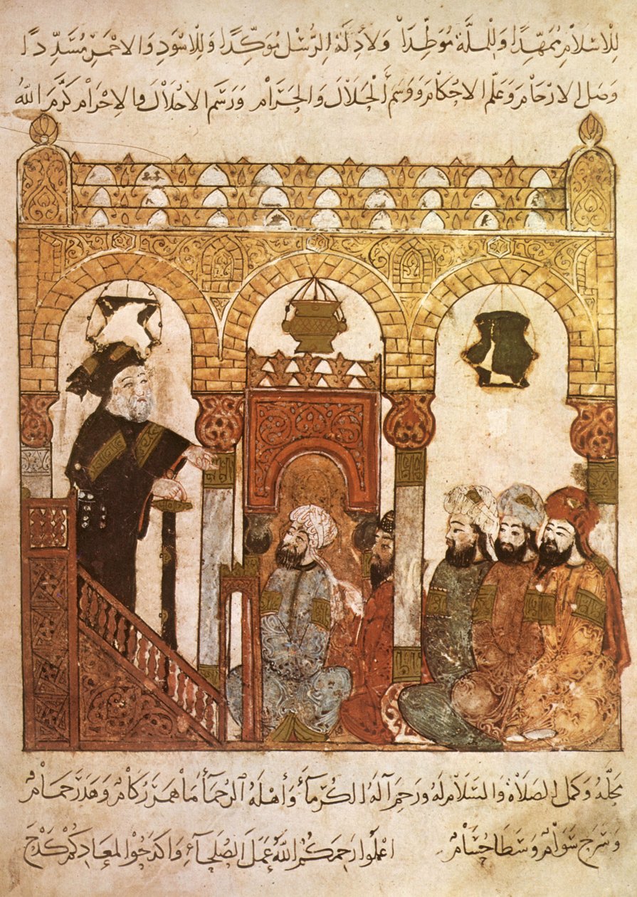 Sra. Ar 5847 f.84, Abou Zayd pregando em mesquita em Samarkhand, de Maqamat por Al Hariri, c.1240 (guache sobre velino) de Yahya ibn Mahmud Al Wasiti