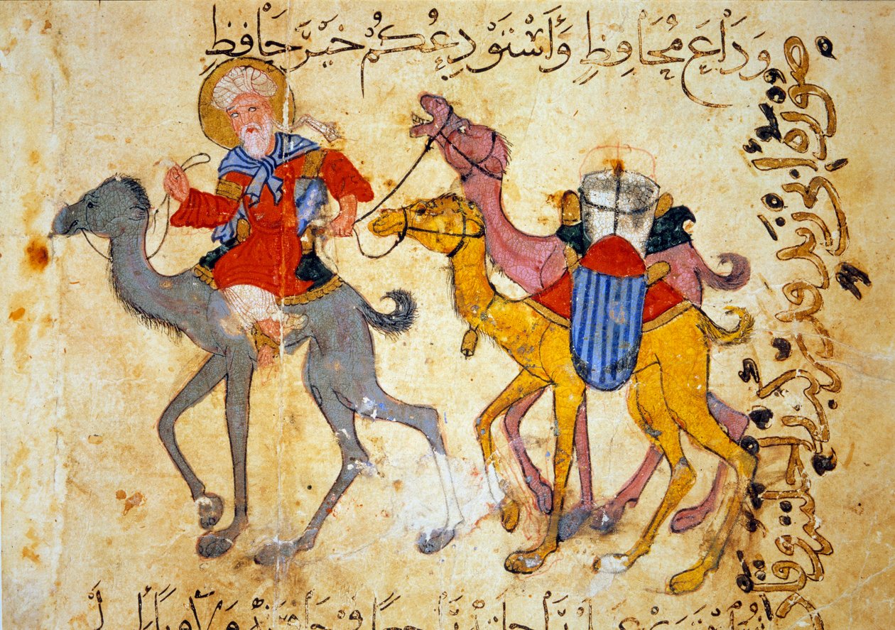 Caravana de camelos no deserto (Caravana) Miniatura da "Maqamat" (Seances) de Abu Mohammed al-Kasim ibn Ali Hariri (ou Al-Hariri ou Al Hariri) (1054-1122) alistada por Yahya Mahmud al-Wasiti (al Wasiti) em 1237, Paris, B.N. de Yahya ibn Mahmud Al Wasiti