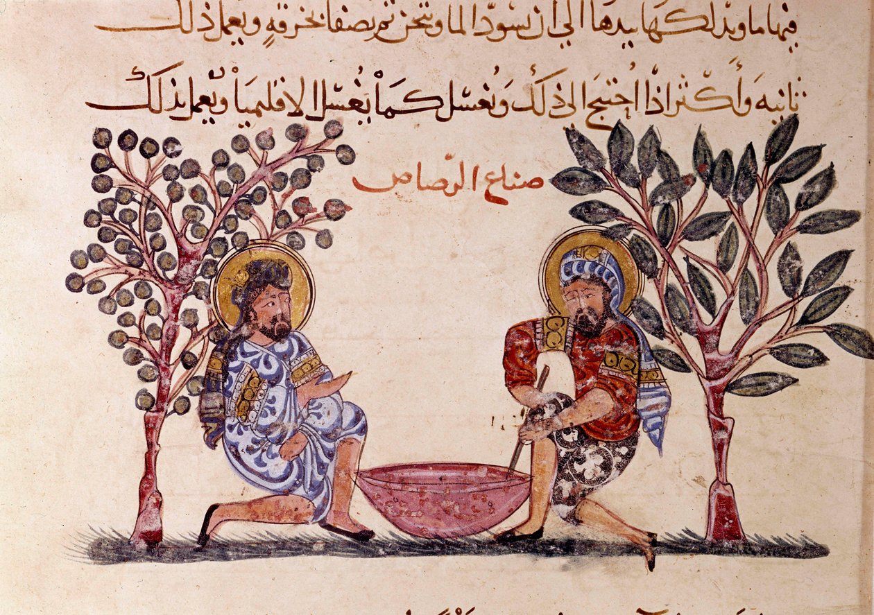 The Making of Lead Page of "Maqamat" (Seances), poema picaresco do século XI do poeta árabe Abu Mohammed al-Kasim ibn Ali Hariri (ou Al-Hariri ou Al Hariri) (1054-1122) ilustrado por Al-Wasiti (al-Wasiti) de Yahya ibn Mahmud Al Wasiti