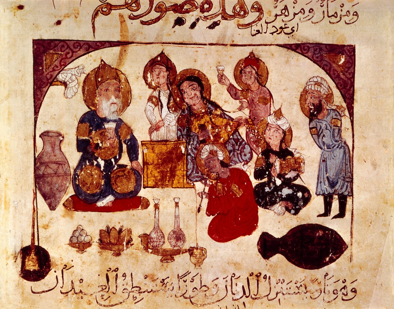 Abou-Zayd na taberna Hanah, miniatura de "Maqamat" (Dizeres), ms. 3929, fol. 34v de Yahya ibn Mahmud Al Wasiti
