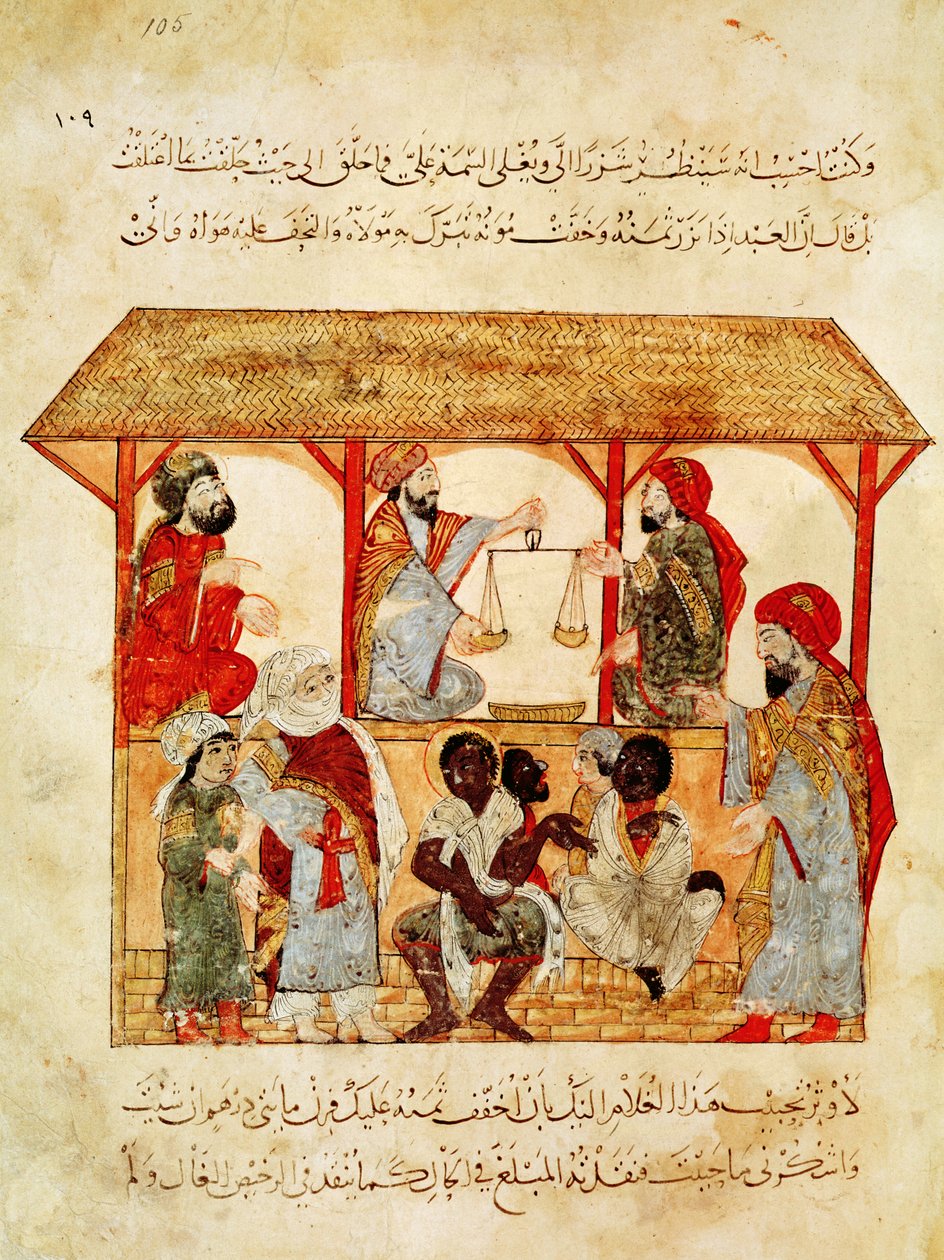 Sra. Ar 5847 f.105, A Slave Market, de "Al Maqamat" de Yahya ibn Mahmud Al Wasiti
