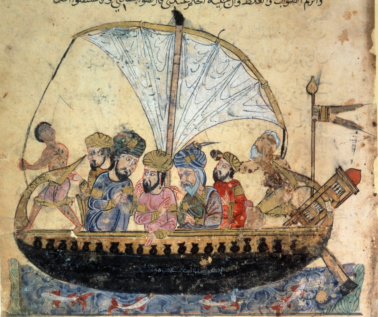 o burguês al-Harith (Al Harith), filho de Hammam, e o navegador errante Abu-Zayd (Abu Zayd) num barco que navega na Miniatura do Eufrates desde o "Maqamat" (Seances) de Abu Mohammed al-Kasim ibn Ali Hariri (ou Al-Hariri ou Al Hariri) (1054-1122) por de Yahya ibn Mahmud Al Wasiti