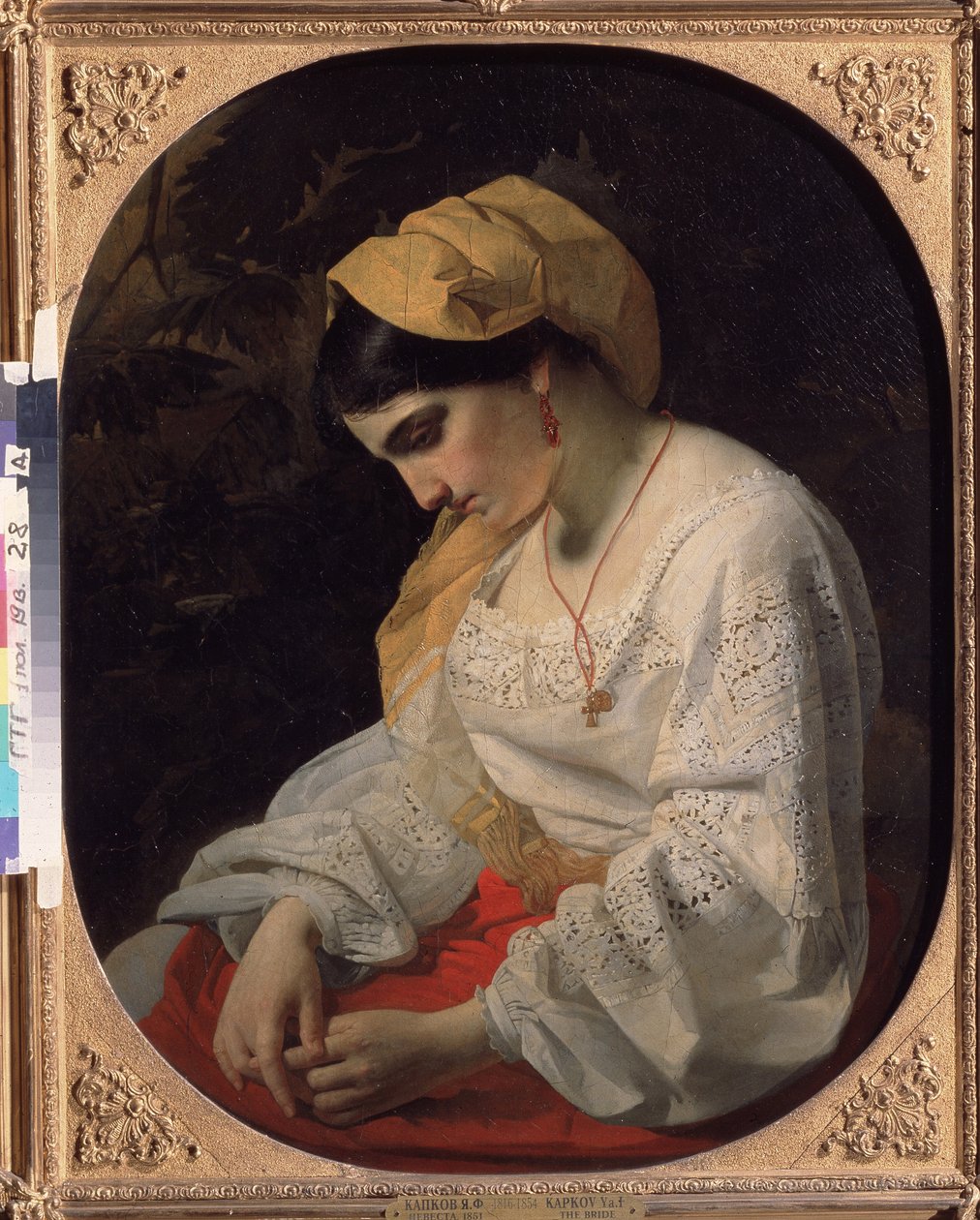 Uma jovem noiva (A Bride). Retrato de perfil de uma jovem triste com uma expressão resignada. Pintura de Yakov Fyodorovich Kapkov (1816-1854), óleo sobre tela de Yakov Fyodorovich Kapkov