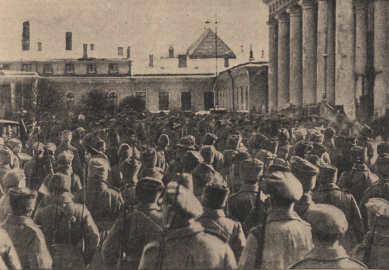 Manifestação de tropas revolucionárias em frente à Duma do Estado durante a Revolução de Fevereiro de 191 de Yakov Vladimirovich Steinberg