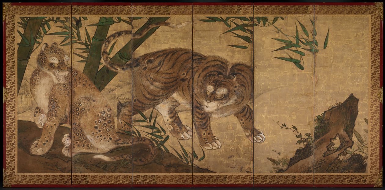 Leões e tigres em peônia e bambu de Yamaguchi Sekkei