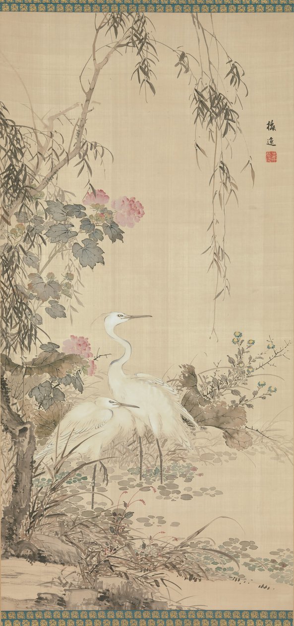 Garças, peônias e salgueiros, início do século XIX. de Yamamoto Baiitsu