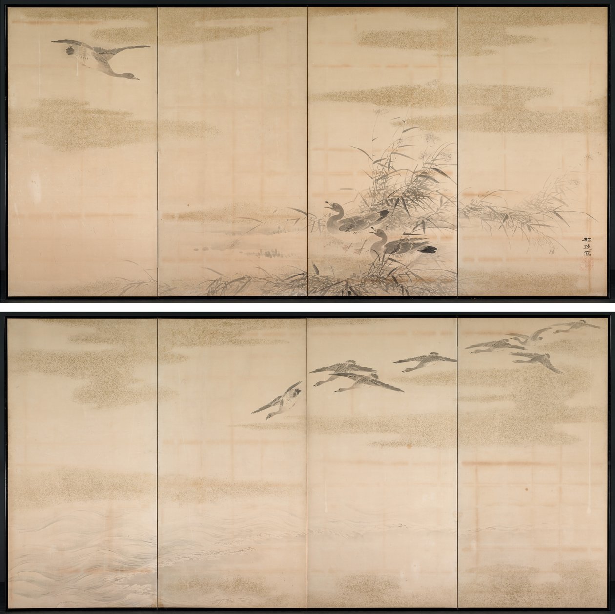 Gansos, juncos e água de Yamamoto Baiitsu