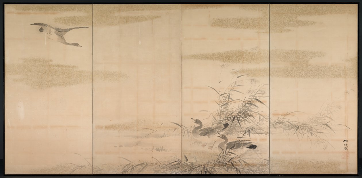 Gansos, juncos e água, 1800s. de Yamamoto Baiitsu