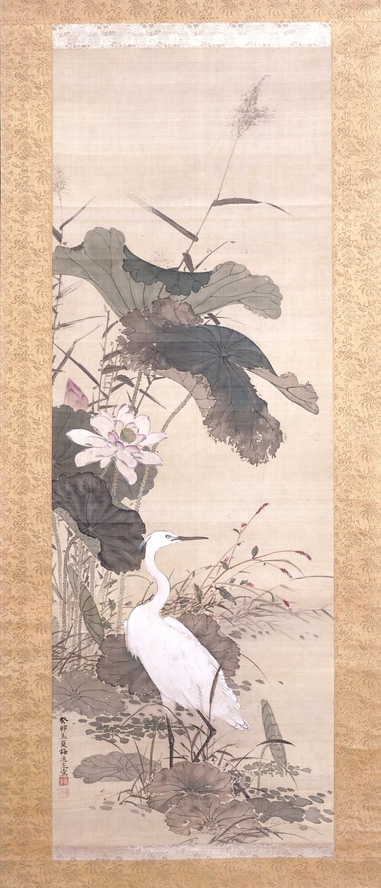 Lotus And Snowy Heron (tinta, cor, seda) de Yamamoto Baiitsu