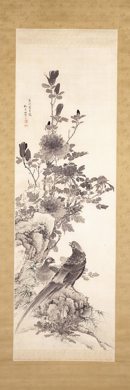 Peonies And Golden Pheasants (tinta sobre seda) de Yamamoto Baiitsu