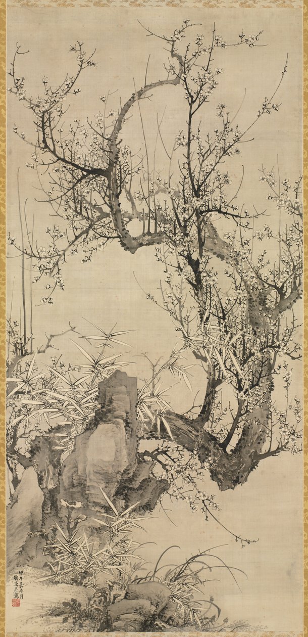 Ameixas, bambu e orquídea, 1834. de Yamamoto Baiitsu