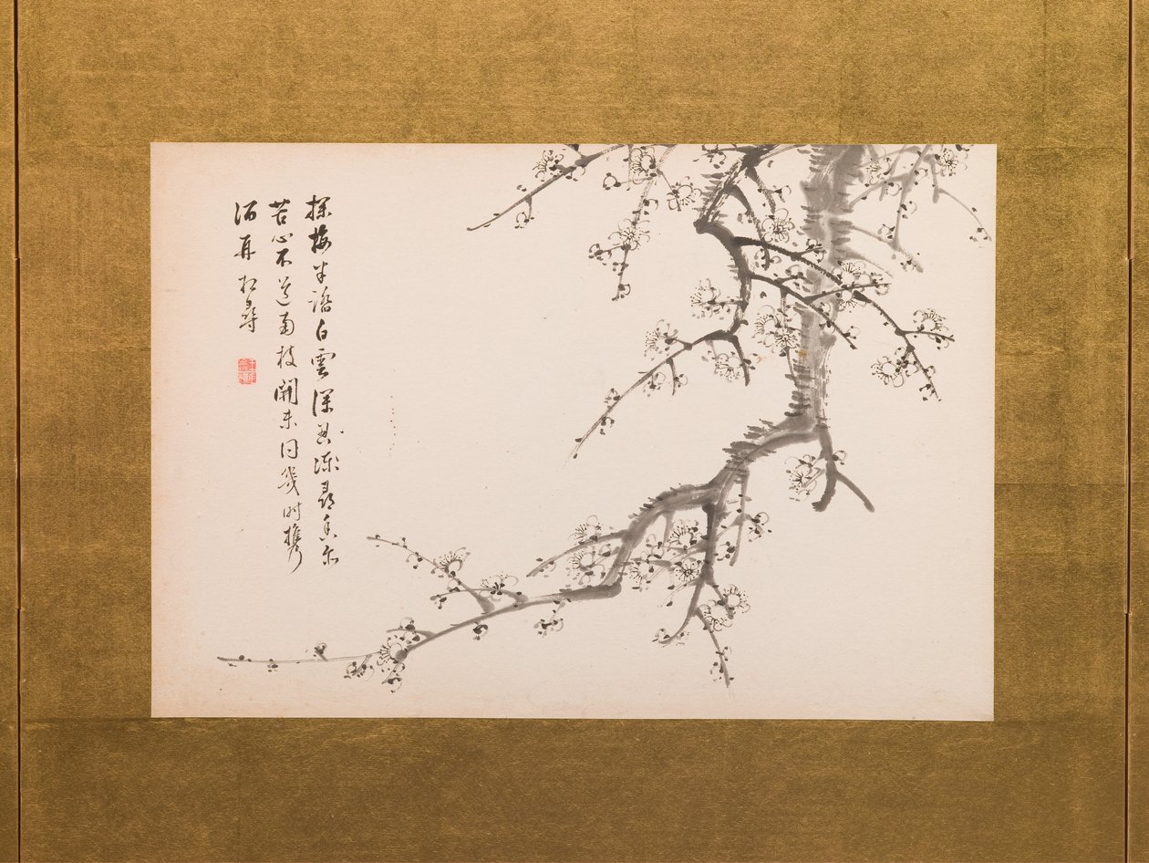 Prunus Blossoms, ecrã desdobrável, painel 2 de 4, período Edo 1844 (tinta sobre papel) (ver também 752778-82) de Yamamoto Baiitsu