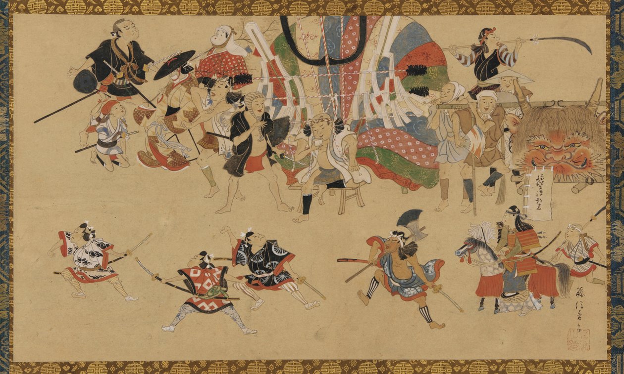 Cena de rua durante um festival, ca. 1750-70. de Yamamoto Fujinobu