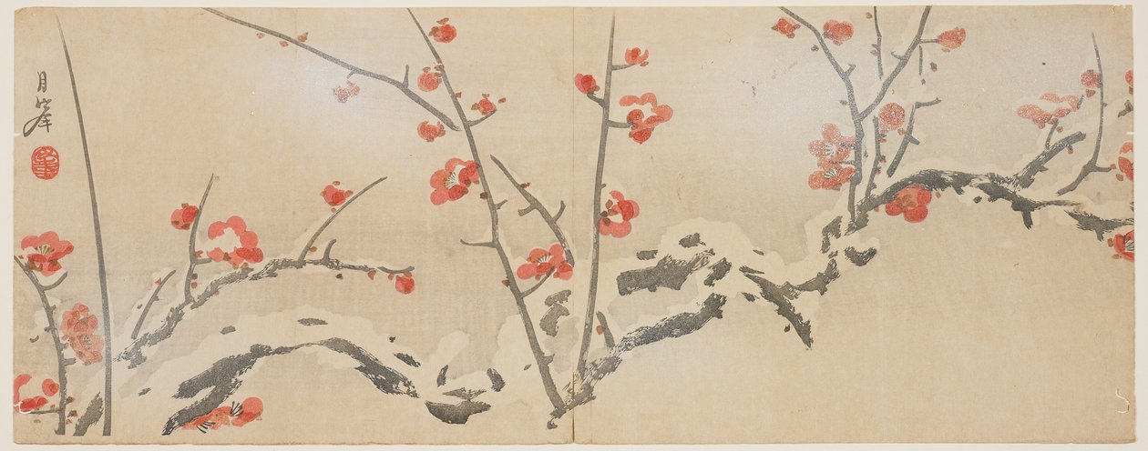 Ameixas de floração em neve, c.1818-29 (impressão de woodblock de cor) de Yamaoka Gepp
