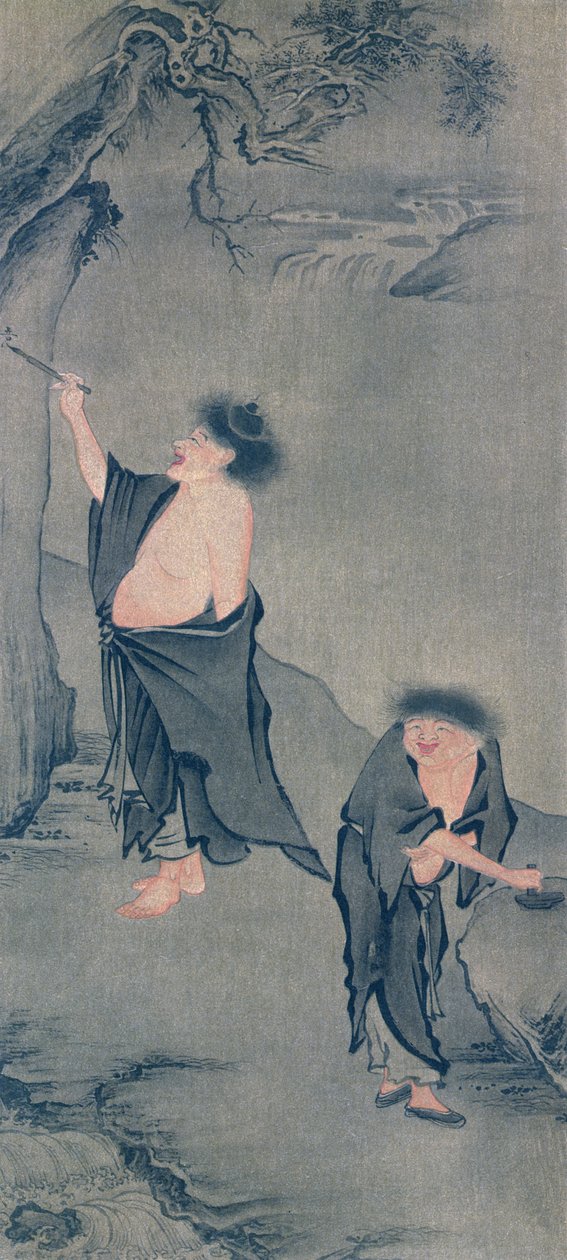 Dois eremitas chineses, Han Shan escrevendo sobre uma pedra e Shih Te preparando sua tinta, depois de um kakemono de Yan Hui e publicado na revista &39;The Kokka&39;, Japão, 6 de junho de 1906 de Yan Hui