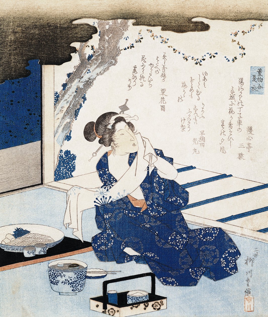 Courtesan vestindo yukata (quimono de algodão azul e branco), painel de parede é decorado com poema de Yanagawa II Shigenobu