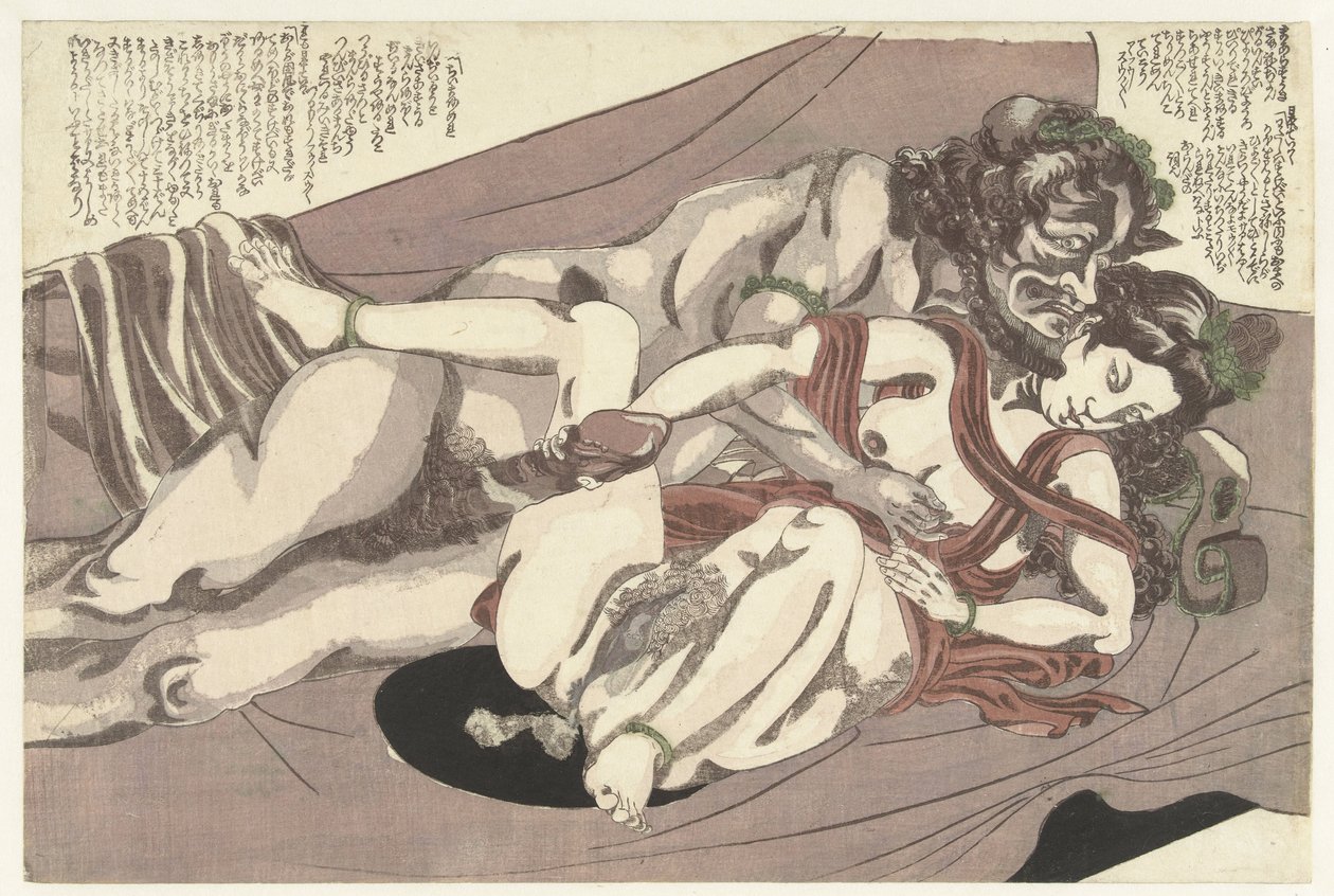 Sátiro e ninfa fazem amor Tempestade de salgueiro (título da série) Yanagi no arashi (título da série) de Yanagawa Shigenobu (I) (attributed to)