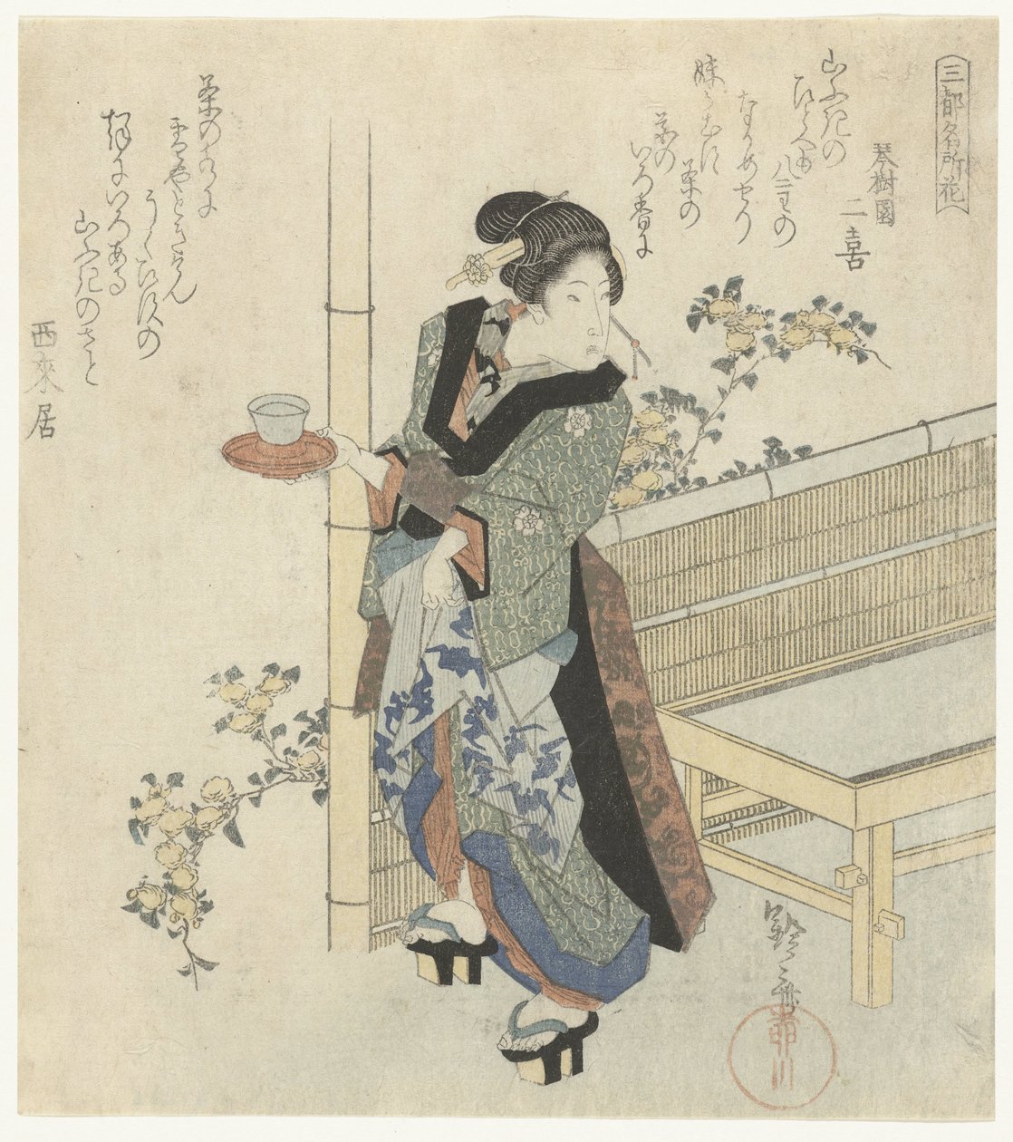 Garçonete em flores Yamabuki Flores Famosas das Três Capitais (título da série) Santo meishobana (título da série no objeto) de Yanagawa Shigenobu (I)