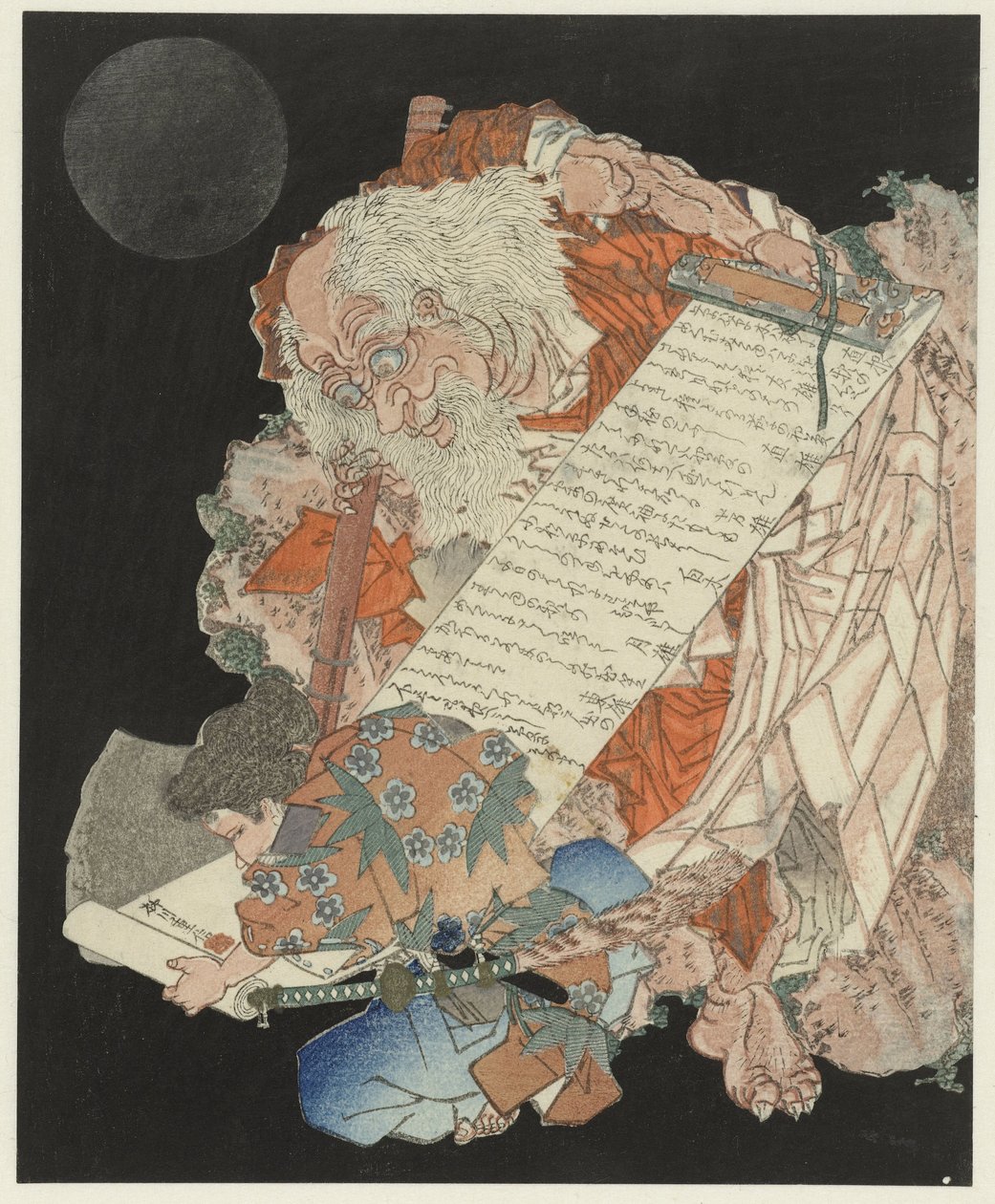 Rapaz lendo um pergaminho segurado por um velho de Yanagawa Shigenobu (II)