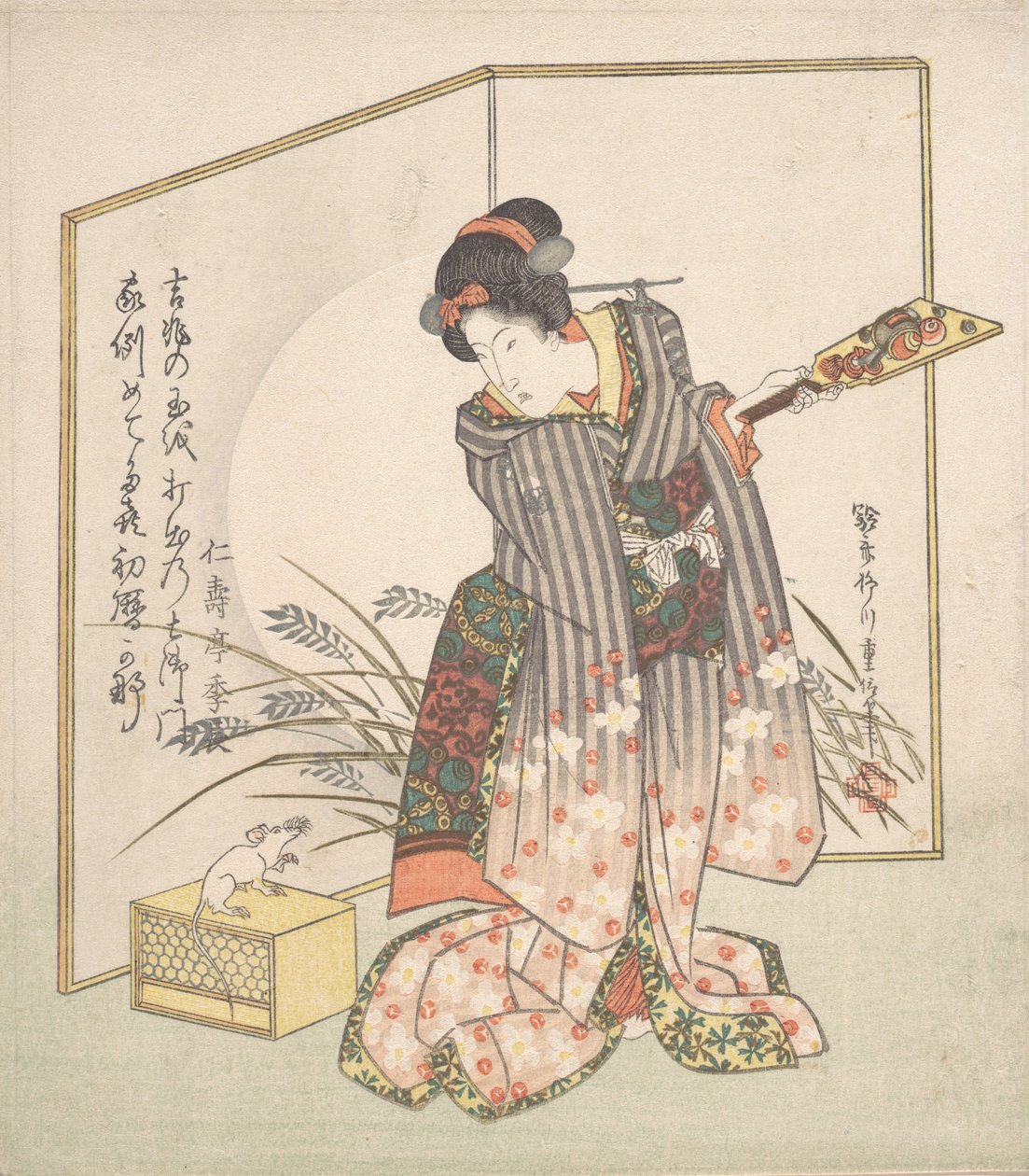 Cartão de Ano Novo para o Ano do Ratazana, 1828. de Yanagawa Shigenobu