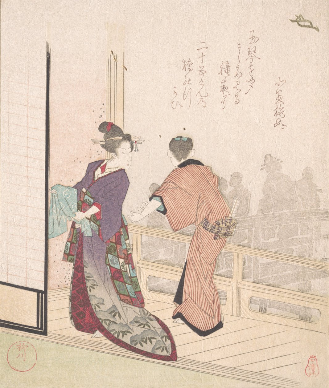 Cena na varanda de uma casa de chá, século 18-19. de Yanagawa Shigenobu