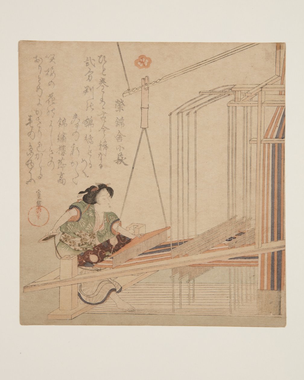 Woman Weaving at a Loom (impressão em bloco de madeira a cores) de Yanagawa Shigenobu