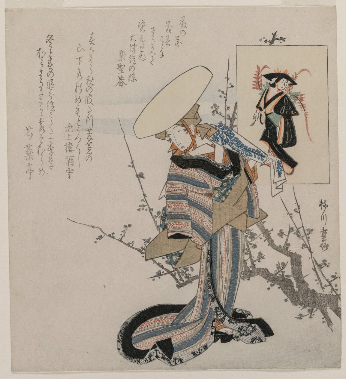 Woman by a Plum Tree Matched with Wisteria Maiden (de uma série de mulheres comparadas com figuras de pinturas de Otsu) de Yanagawa Shigenobu